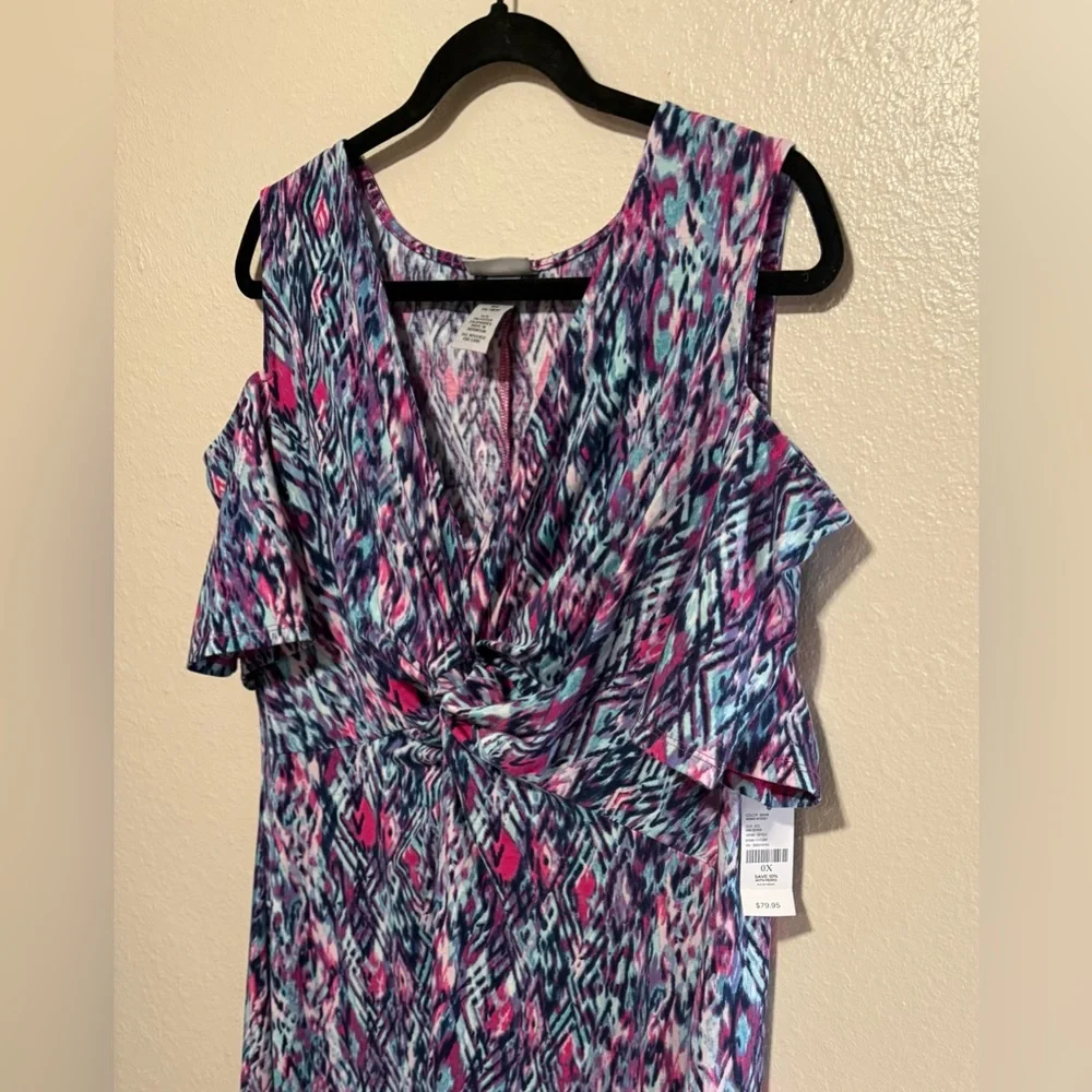 Catherines Geometric Maxi Dress | Purple Multicolor Cold Shoulder Knit | 0X - Picture 3 of 4